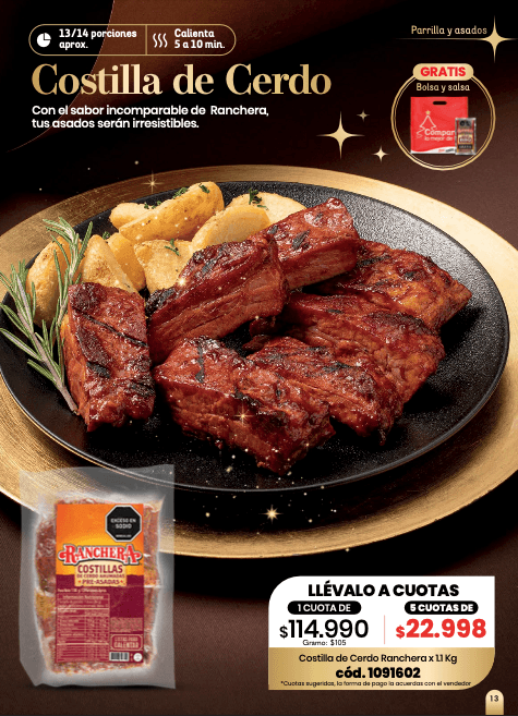 Costilla de Cerdo BBQ Ranchera — 1.1 Kg · 13 porciones aprox.