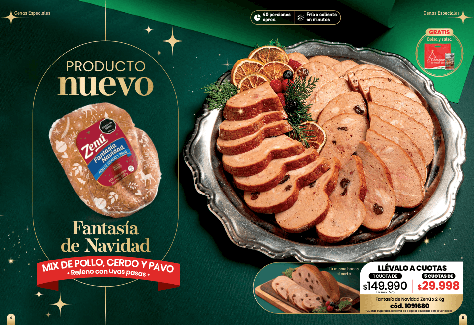 Fantasía de Navidad Zenú — 2 Kg · mix de pollo, cerdo y pavo relleno con uvas pasas · 40 porciones aprox.