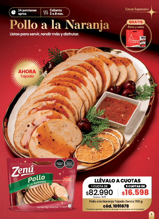 Pollo a la Naranja Tajado Zenú — 700 g · 14 tajadas · 14 porciones aprox.
